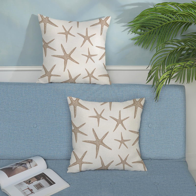 JEFERSO Brown Tan Starfish Pillow Covers 18x18 Set of 2 Coastal Throw Pillows Summer Nautical Ocean Beach Theme Decorative Pillowcase Outdoor Farmhouse Linen Decor Cushion Case for Couch Home Bedroom - Image 3
