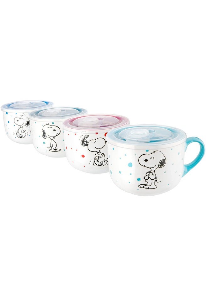 Peanuts Peanuts Freckled Joy 23oz. Stoneware Soup Bowls w/Clear Lid, 4-Pack, Assorted Colors  - Image 1
