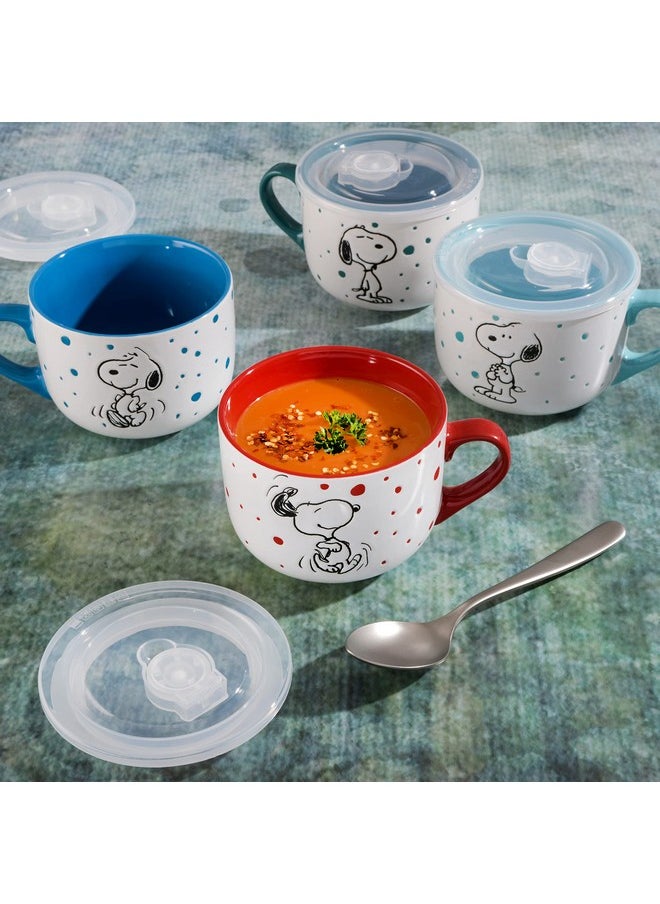 Peanuts Peanuts Freckled Joy 23oz. Stoneware Soup Bowls w/Clear Lid, 4-Pack, Assorted Colors  - Image 2