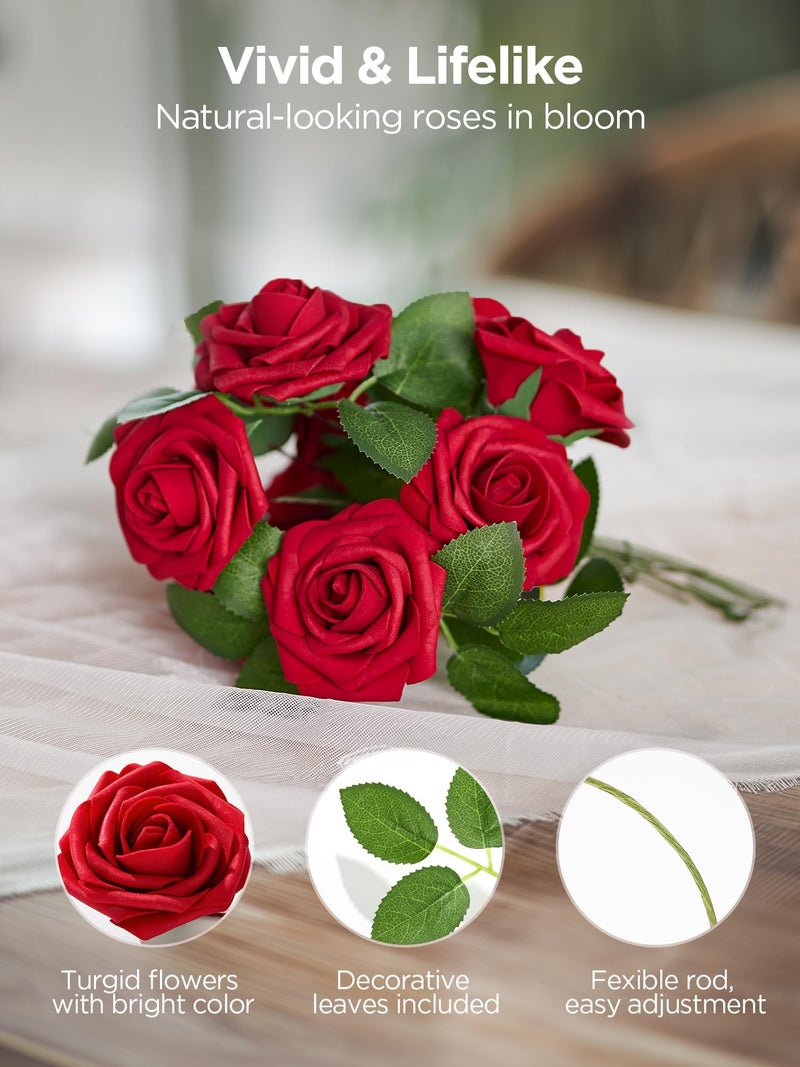 InnoGear Artificial Flowers, 50 Pcs Dark Red Foam Fake Roses Bulk with Stems for Decoration Celebration DIY Wedding Bouquets Centerpieces Bridal Shower Party Christmas Tree - Image 4