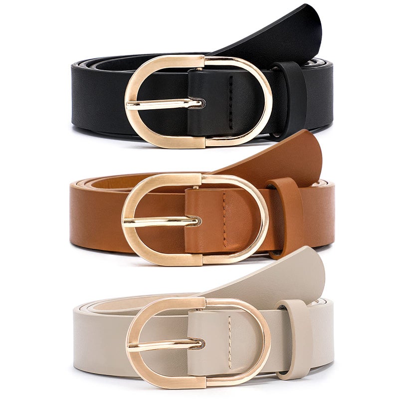 VONMELLI 3 Pack Women's Belts for Jeans Pants Fashion Gold Buckle Ladies Dress Belt Black Brown Beige S - Image 1