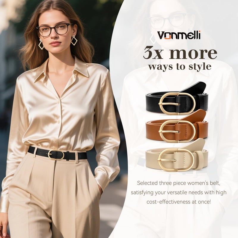 VONMELLI 3 Pack Women's Belts for Jeans Pants Fashion Gold Buckle Ladies Dress Belt Black Brown Beige S - Image 5