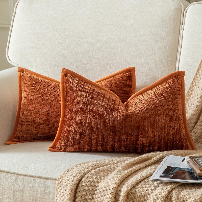 Yaertun Pack of 2 Chenille Textured Decorative Throw Pillow Covers Accent Solid Cushion Cover Soft Cozy Pillow Case with Velvet Back for Couch Sofa Bed Living Room 12x20 Inch Burnt Brick - Image 1
