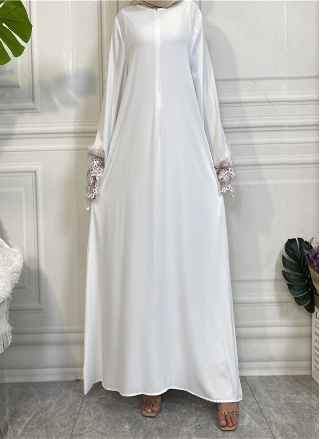 Loquat Women's Solid Color Lace Zippered Dress White  - Image 1