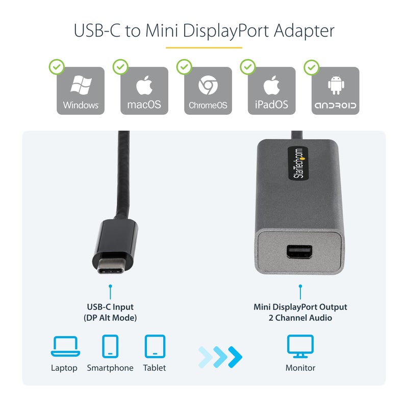 StarTech.com USB C to Mini DisplayPort Adapter, 4K 60Hz USB Type C to mDP/Mini DP Monitor Video Converter Dongle, Thunderbolt 3 Compatible, 12" Attached Cable, Upgraded Version of CDP2MDP (CDP2MDPEC) - Image 3