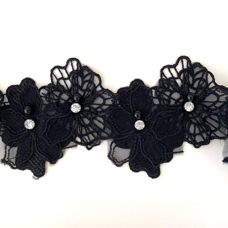 Buysk 2 Yards 3D Pearl Beads Flower Lace Trim Ribbon Floral Applique Embroidered Lace Fabric for Sewing DIY Crafts (Black) - Image 2