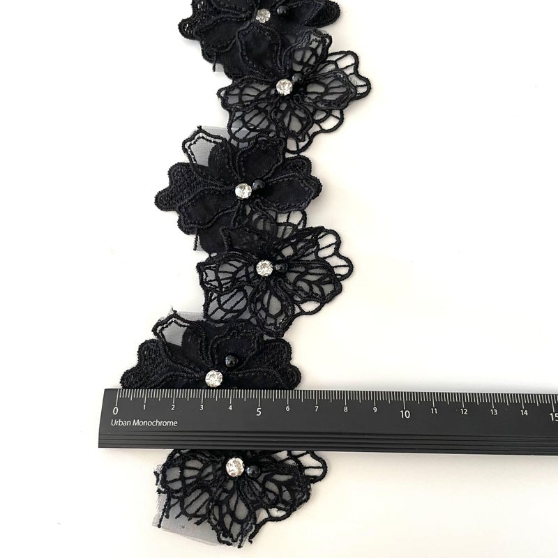 Buysk 2 Yards 3D Pearl Beads Flower Lace Trim Ribbon Floral Applique Embroidered Lace Fabric for Sewing DIY Crafts (Black) - Image 3
