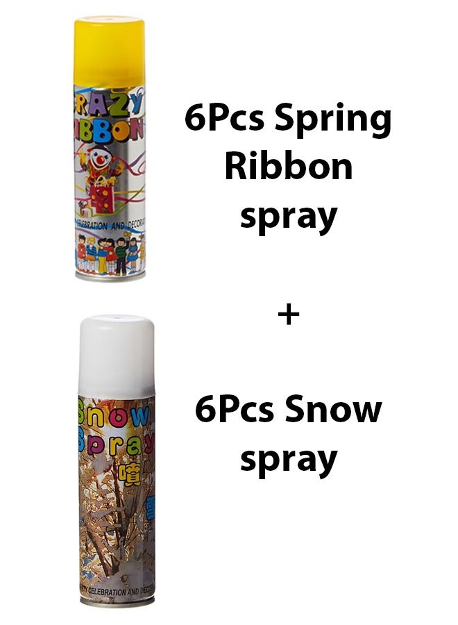 Party Spray Colored String Crazy Ribbon Spray and White Snow Spay Pack of 12pcs for Party Celebrations and Decorations