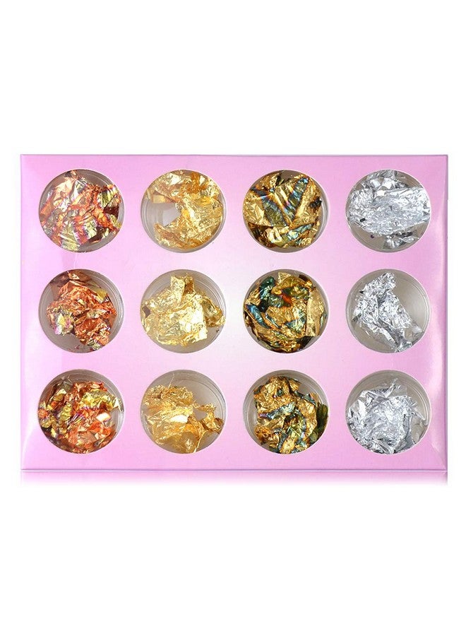 يس ليدي ملصقات أظافر YesLady الذهبية والفضية المصنوعة من رقائق الألومنيوم ثلاثية الأبعاد مع زينة رقائق لامعة، 12 وعاء - Image 1