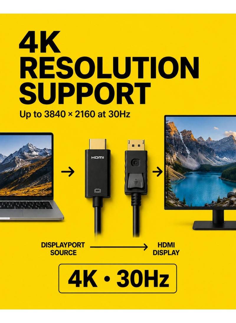 تي بي بردج كابل TP-BRIDGE من DisplayPort إلى HDMI بطول 1.8 متر (6 أقدام)، يدعم معايير DP 1.2 وHDMI 1.4 ودقة 4K بتردد 30 هرتز؛ كابل أحادي الاتجاه لتوصيل أجهزة الكمبيوتر المكتبية والمحمولة بشاشات العرض أو أجهزة التلفاز أو أجهزة العرض الضوئي (البروجيكتور). - Image 2