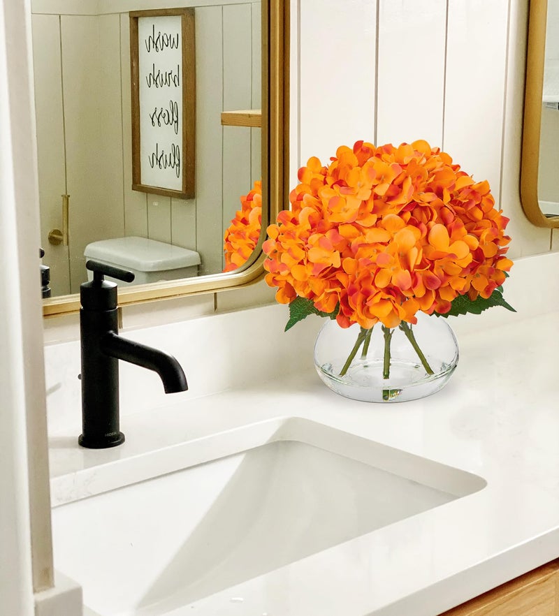Hollyone Hydrangea Artificial Flowers in Vase Orange Silk Fake Flowers Arrangements with Glass Vase with Faux Water Faux Floral Bulk Bouquet for Office Table Centerpiece Shelf Home Decoration - Image 3