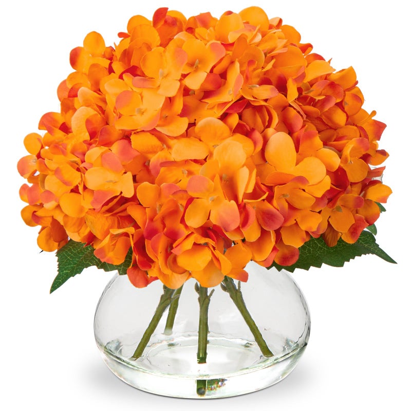 Hollyone Hydrangea Artificial Flowers in Vase Orange Silk Fake Flowers Arrangements with Glass Vase with Faux Water Faux Floral Bulk Bouquet for Office Table Centerpiece Shelf Home Decoration - Image 1