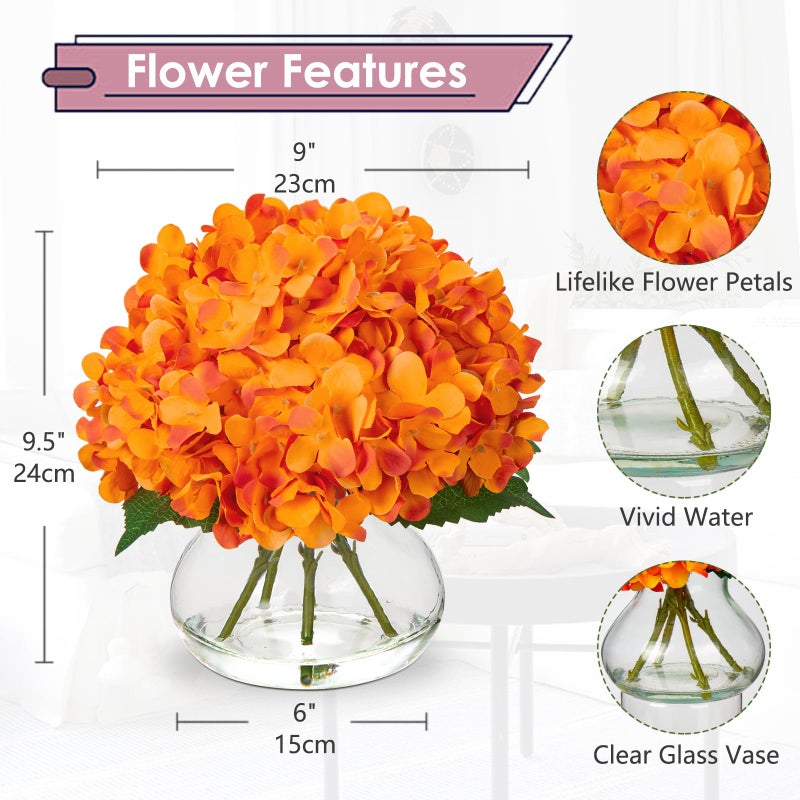 Hollyone Hydrangea Artificial Flowers in Vase Orange Silk Fake Flowers Arrangements with Glass Vase with Faux Water Faux Floral Bulk Bouquet for Office Table Centerpiece Shelf Home Decoration - Image 2