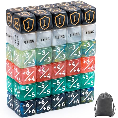 Tinzum 60 Pieces MTG Dice Set with Keyword Token Dice Plus 1 Life Counter Shield in 6 Colors for MTG Cards Gaming Accessories - Image 1