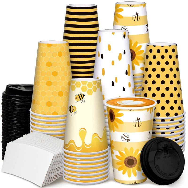 Sumind 90 Pcs 30 Set Bee Coffee Cups 16oz Bee Party Disposable Honey Drinking Cups with Lids and Sleeves for Baby Shower Garden Birthday Party