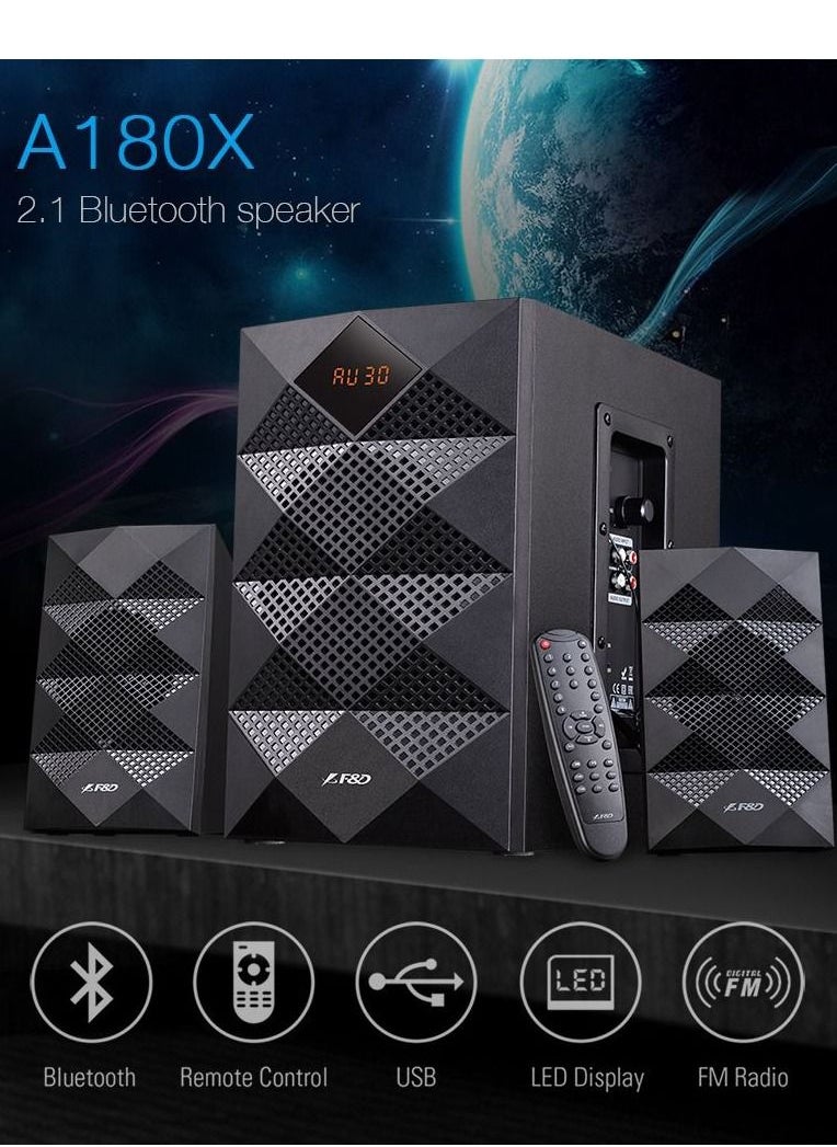 F&D - Bluetooth Multimedia Speaker with Subwoofer Satellite Speaker Digital LED Display Remote Digital FM & USB,2.1 Channel, A180X, Black - Image 1