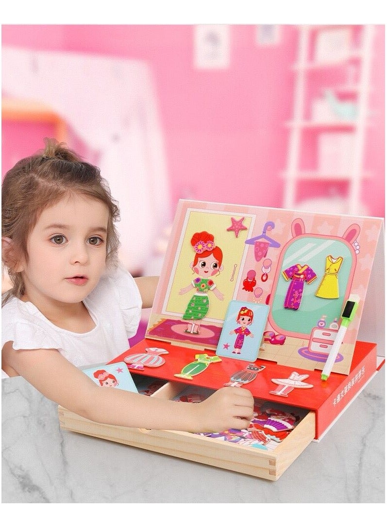 Magnetic Drawing Board, Girls Dress up themed toys, Wooden Puzzles Games Toys for Kids Drawing Learning - Image 3