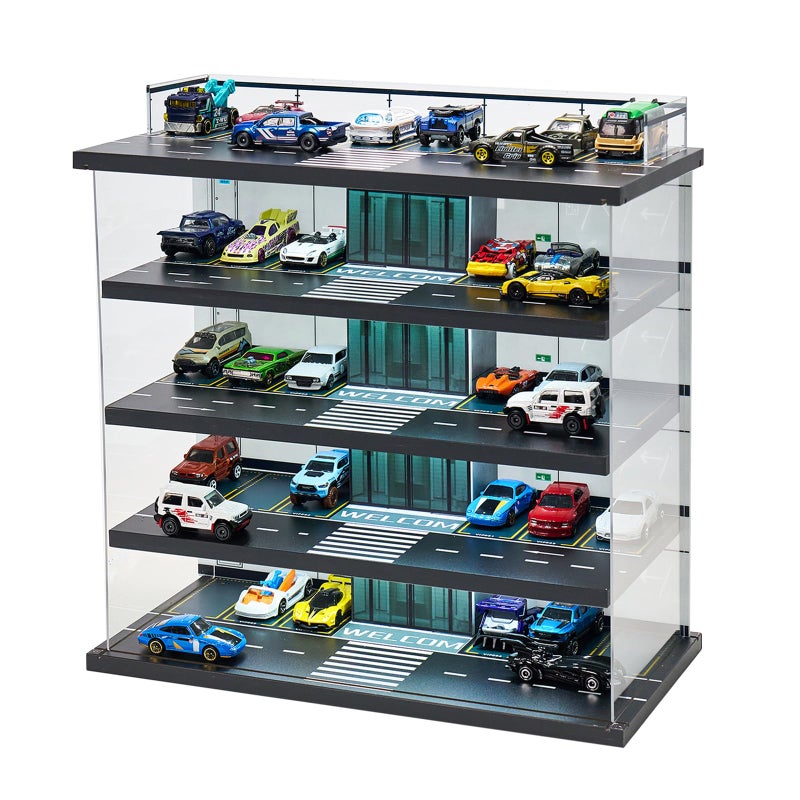 Display Case Compatible with Hot Wheels Garage Matchbox Cars with LED Light 164 Scale Diecast Toy Cars Storage Case 5 Level Holds Max 75 Cars Storage Case for Hot Wheels Garage Gifts for Collector