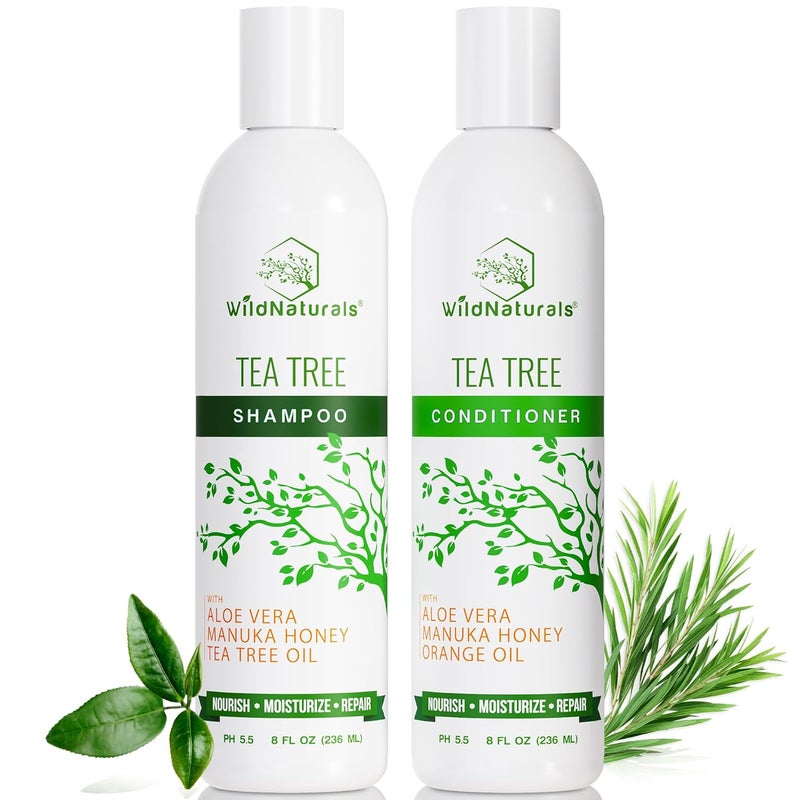 Wild Naturals Tea Tree Oil Shampoo and Conditioner Set - Dry Scalp Treatment for Itchy Relief - Anti-Dandruff Thickening Formulas for Men & Women, All Hair Types