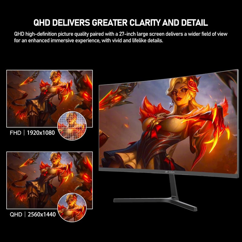 CRUA 27" inch Curved Gaming Monitor 2K 165Hz 1800R QHD(2560x1440) Display Screen 120% sRGB,FreeSync,LowBlue Mode,3000:1 Contrast,Computer Screen for E-Sports, Home, Office - Image 2