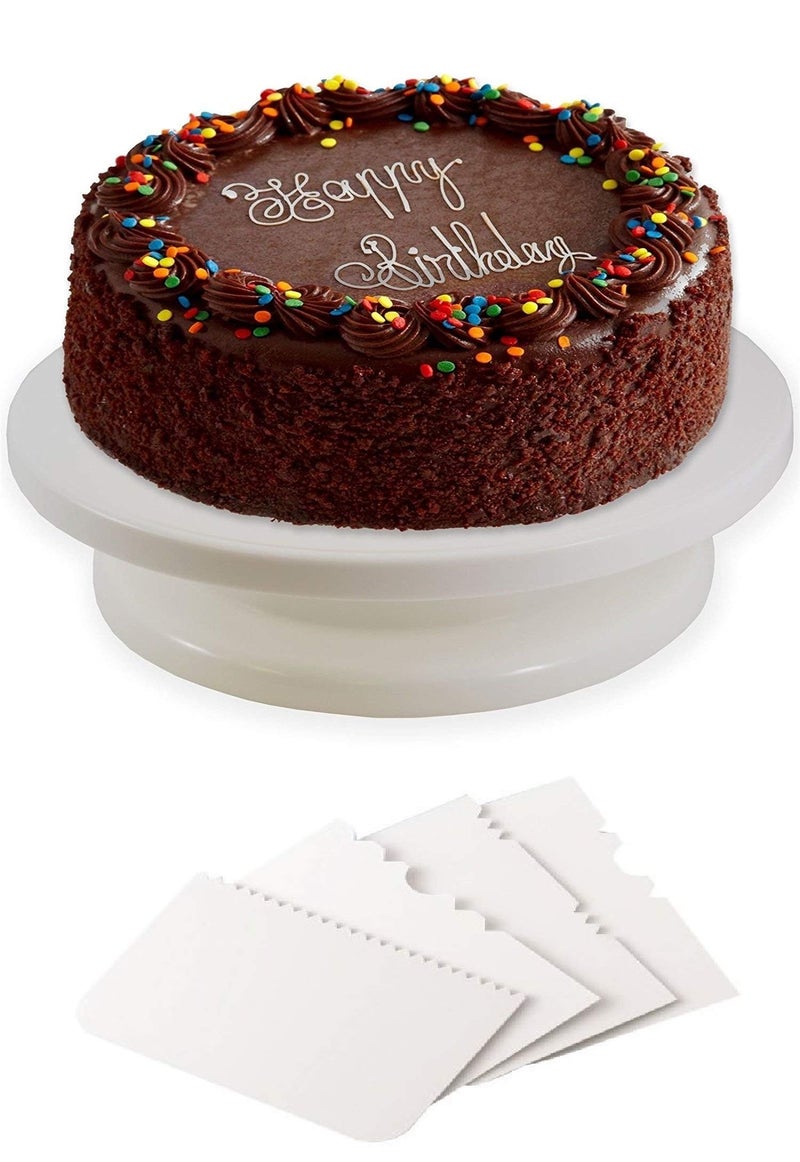 Inditradition Cake Turntable Revolving Cake Decorating Stand & Cake Scraper Fondant Set, 28 cm, White (Combo Pack) - Image 1