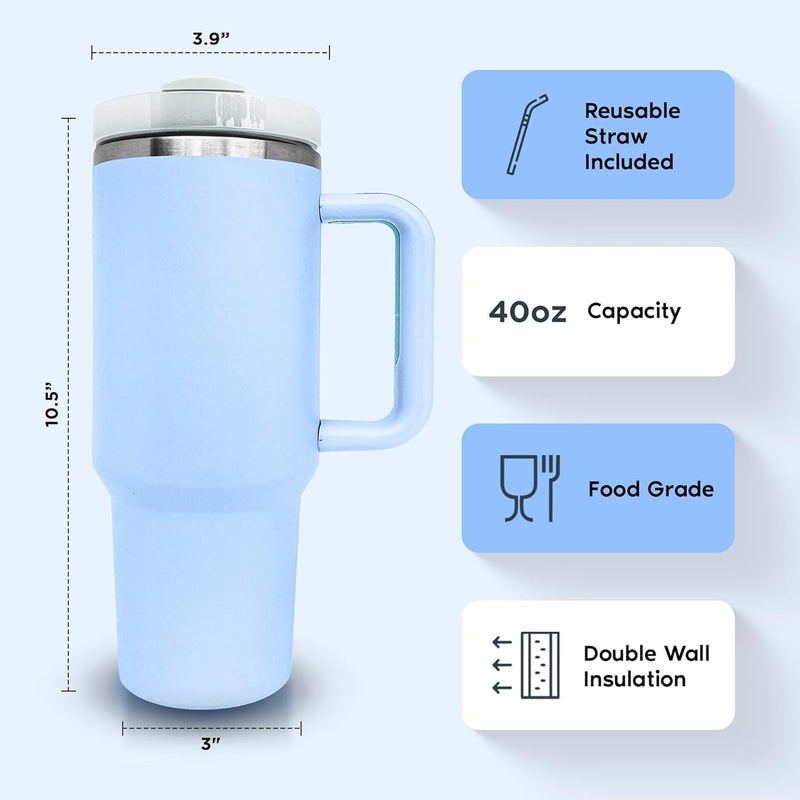 VENEXA Tumbler with lid and Straw 1200ml Cup Holder Car Gym Yoga Travel Stainless Steel Vacuum Insulated Flask Mug Quencher for Water Iced Tea Coffee or Protein Shake Sky Blue 40 oz - Image 3