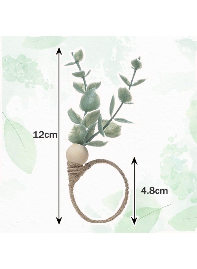 6 قطع حلقات مناديل بأوراق الكينا - حلقات خشبية مزينة بالخرز والأوراق الخضراء لتزيين طاولات الزفاف وحفلات الميلاد (أخضر/ستايل بوهو) - Image 2