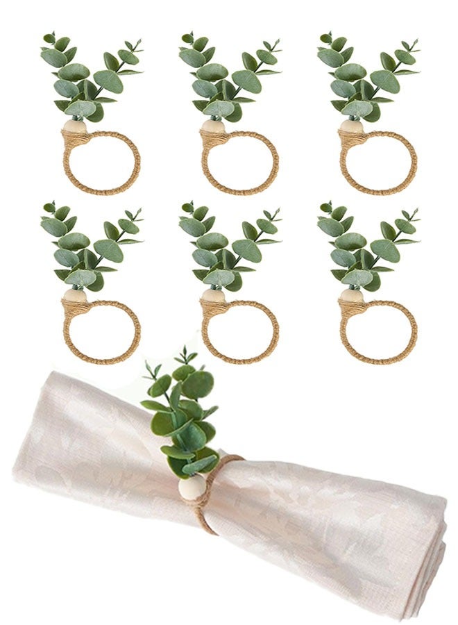 6 قطع حلقات مناديل بأوراق الكينا - حلقات خشبية مزينة بالخرز والأوراق الخضراء لتزيين طاولات الزفاف وحفلات الميلاد (أخضر/ستايل بوهو) - Image 1