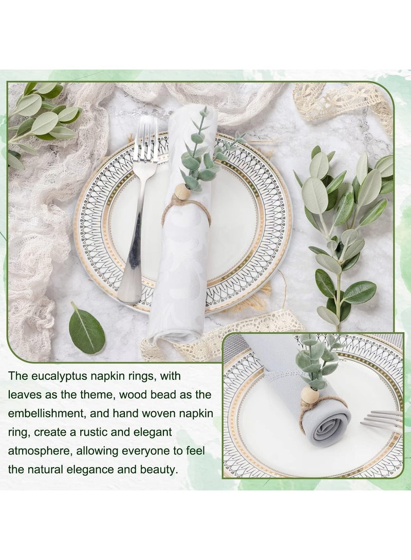 6 قطع حلقات مناديل بأوراق الكينا - حلقات خشبية مزينة بالخرز والأوراق الخضراء لتزيين طاولات الزفاف وحفلات الميلاد (أخضر/ستايل بوهو) - Image 3