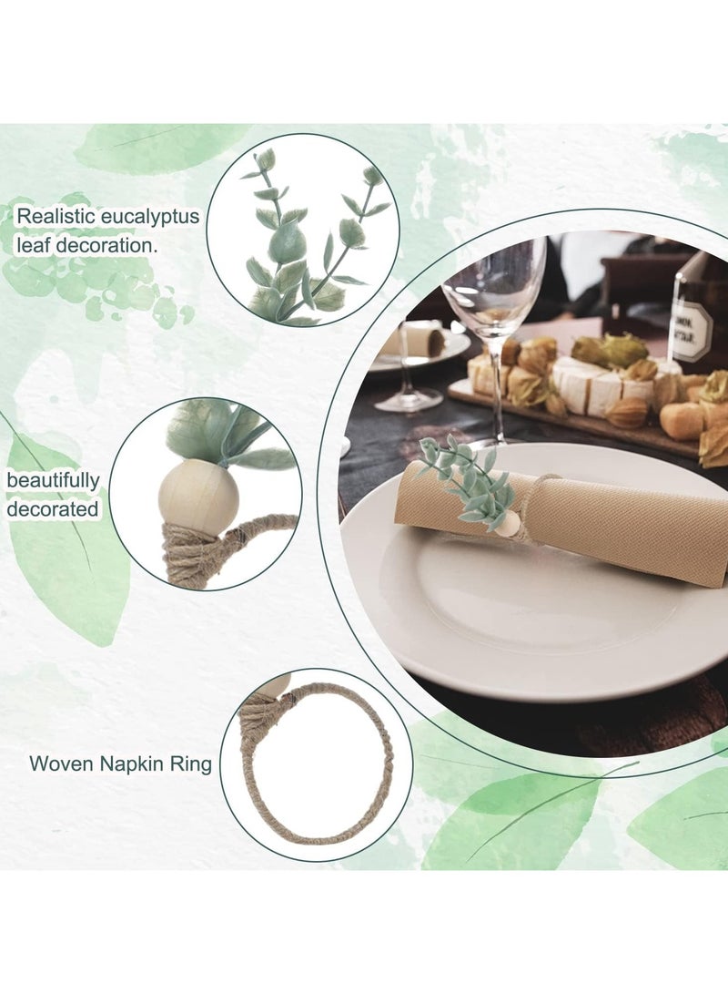 6 قطع حلقات مناديل بأوراق الكينا - حلقات خشبية مزينة بالخرز والأوراق الخضراء لتزيين طاولات الزفاف وحفلات الميلاد (أخضر/ستايل بوهو) - Image 4