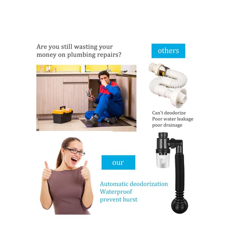 Bathroom Sink Drain Kit Sink Drain Pipe, with Flexible Expandable P-Trap Sink Drain Pipe Tube, Suitable for Bathroom Sink, Kitchen Sink, Garbage Disposal u0026 Shampoo Bowls - Image 3