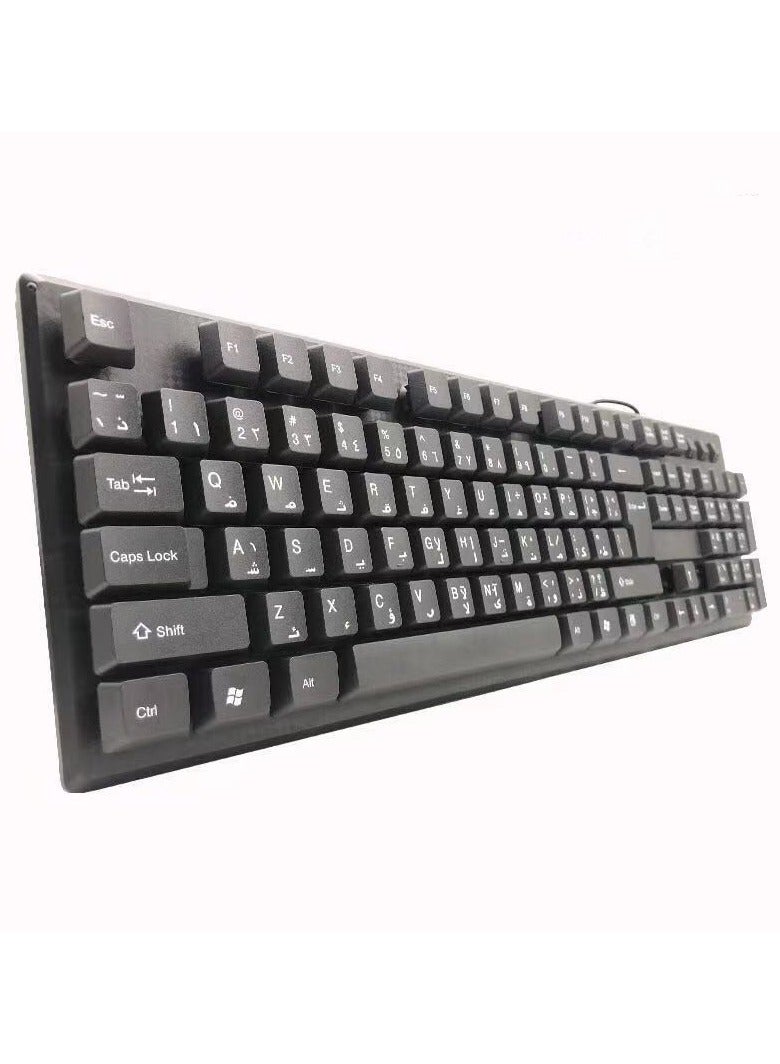 فانكالو لوحة مفاتيح كمبيوتر عربية/إنجليزية USB لجهاز الكمبيوتر/اللابتوب، لوحة مفاتيح سلكية كاملة الحجم، 104 مفاتيح، توصيل USB وتشغيل، سوداء - Image 2