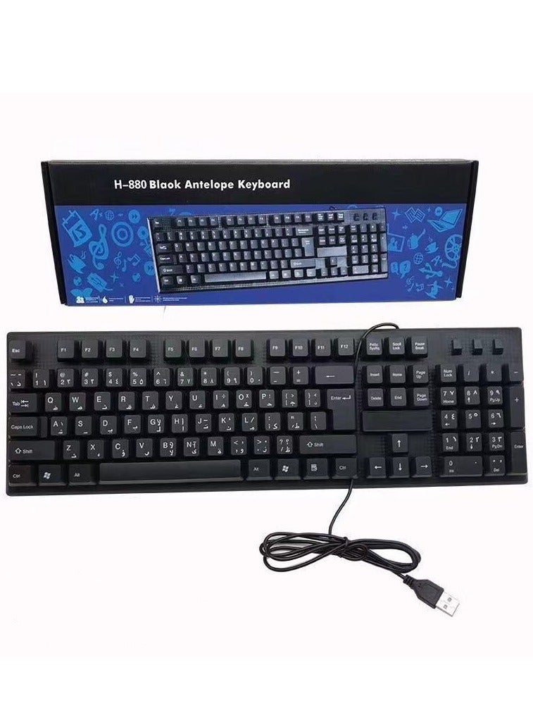 فانكالو لوحة مفاتيح كمبيوتر عربية/إنجليزية USB لجهاز الكمبيوتر/اللابتوب، لوحة مفاتيح سلكية كاملة الحجم، 104 مفاتيح، توصيل USB وتشغيل، سوداء - Image 1