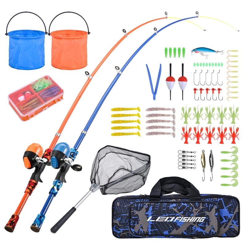 LEOFISHING طقم صنارة صيد الأطفال المحمولة LEOFISHING 2Pack أعمدة صيد قابلة للتمديد للأولاد والبنات مع مجموعة كاملة من صنارة الصيد والبكرة وشبكة الصيد ودلو للأطفال الصغار (أزرق وبرتقالي) - Image 1
