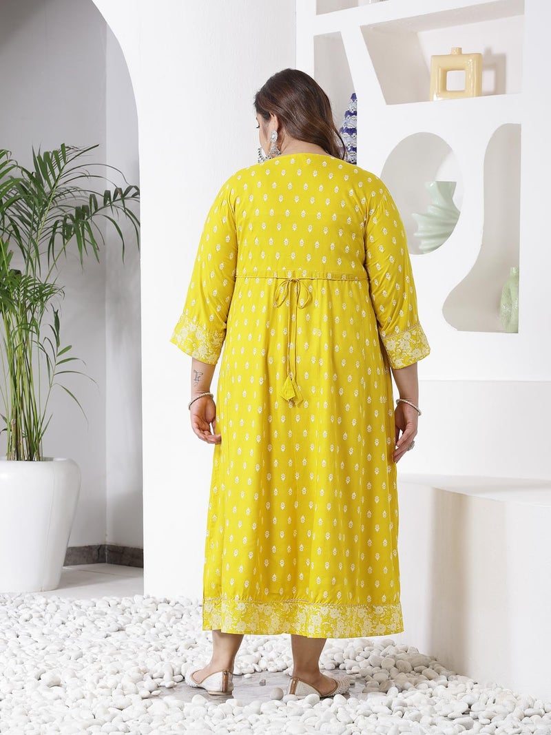 Stylum Women's Plus Size Printed & Embroidered Rayon Anarkali Kurta Mustard - Image 2