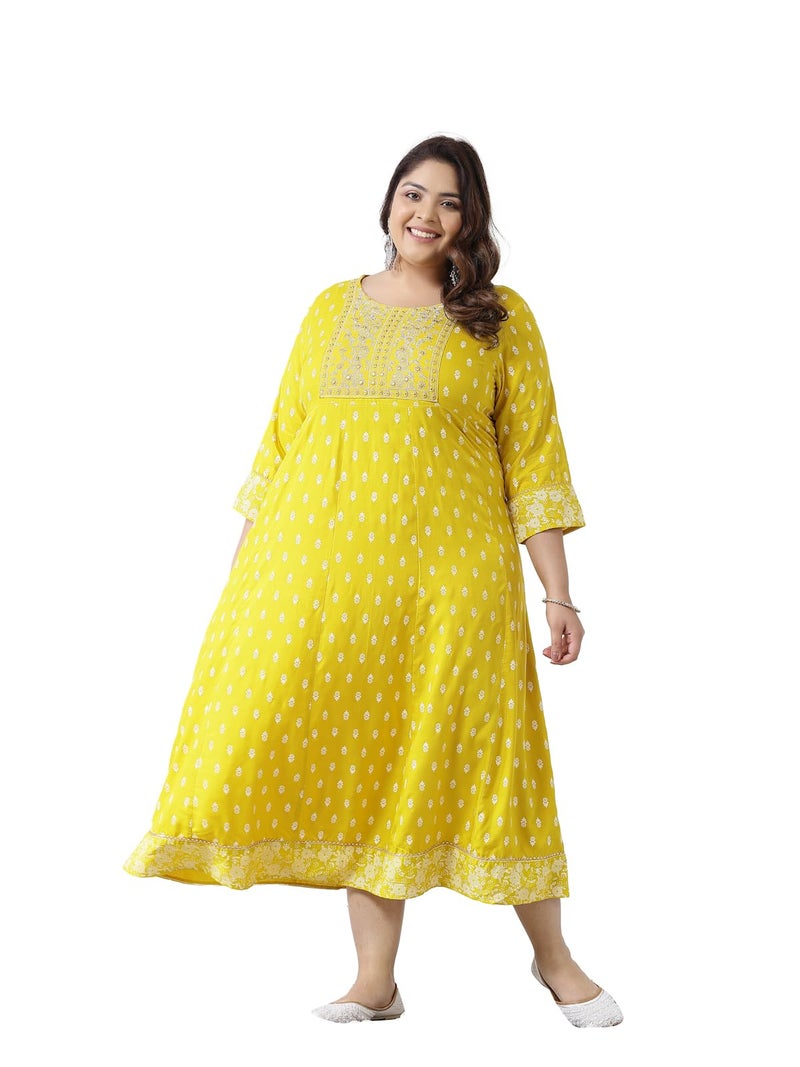 Stylum Women's Plus Size Printed & Embroidered Rayon Anarkali Kurta Mustard - Image 1