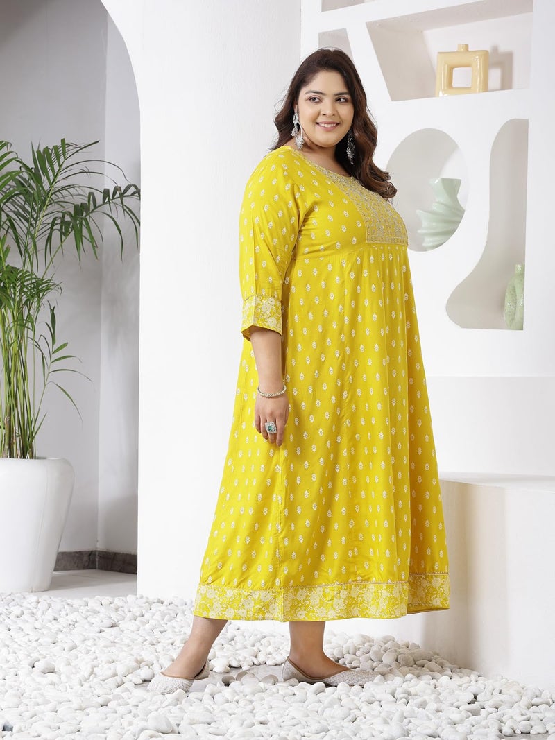 Stylum Women's Plus Size Printed & Embroidered Rayon Anarkali Kurta Mustard - Image 3