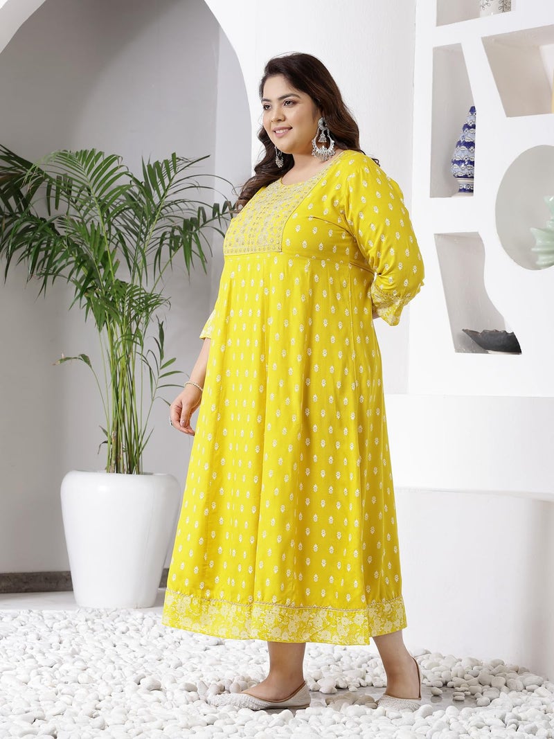 Stylum Women's Plus Size Printed & Embroidered Rayon Anarkali Kurta Mustard - Image 5