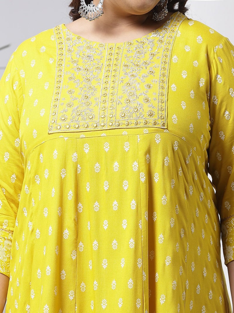 Stylum Women's Plus Size Printed & Embroidered Rayon Anarkali Kurta Mustard - Image 4