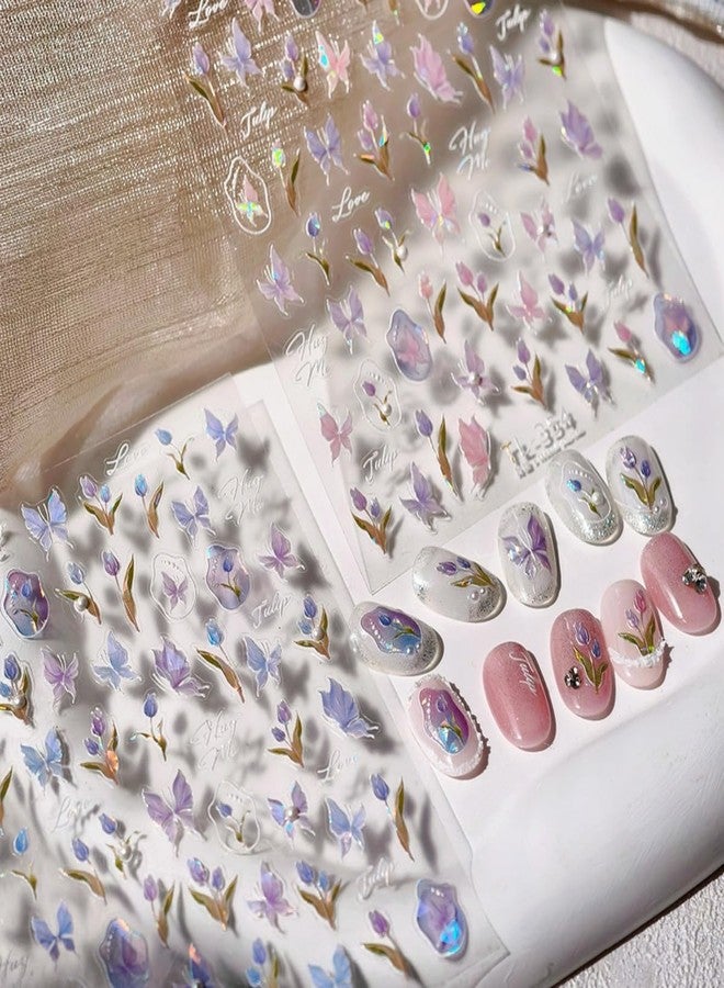 TOGZOM Spring Nail Art Stickers 5D Embossed Flowers Butterfly Nail Decals Laser Aurora Nail Stickers for Nail Art Pink Floral Nail Design Decoration Accessories for Women and Girls 2 Sheets - Image 4