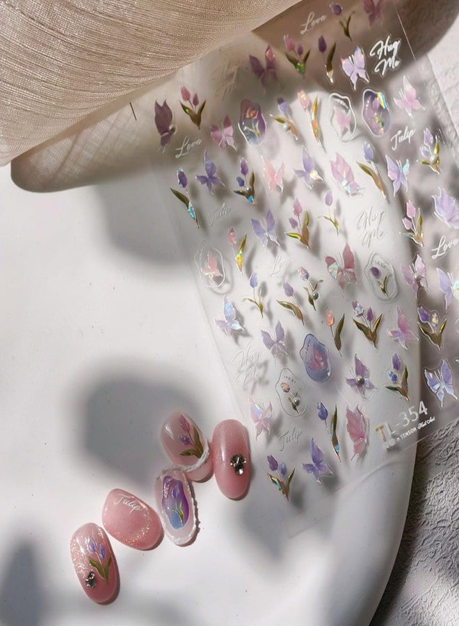 TOGZOM Spring Nail Art Stickers 5D Embossed Flowers Butterfly Nail Decals Laser Aurora Nail Stickers for Nail Art Pink Floral Nail Design Decoration Accessories for Women and Girls 2 Sheets - Image 3