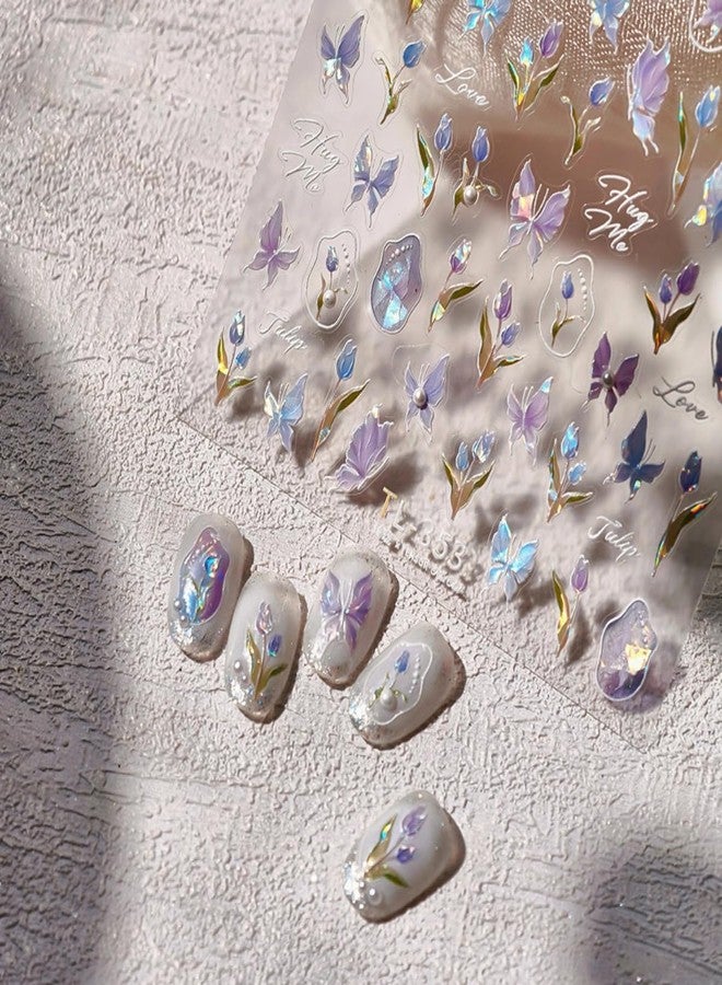 TOGZOM Spring Nail Art Stickers 5D Embossed Flowers Butterfly Nail Decals Laser Aurora Nail Stickers for Nail Art Pink Floral Nail Design Decoration Accessories for Women and Girls 2 Sheets - Image 2