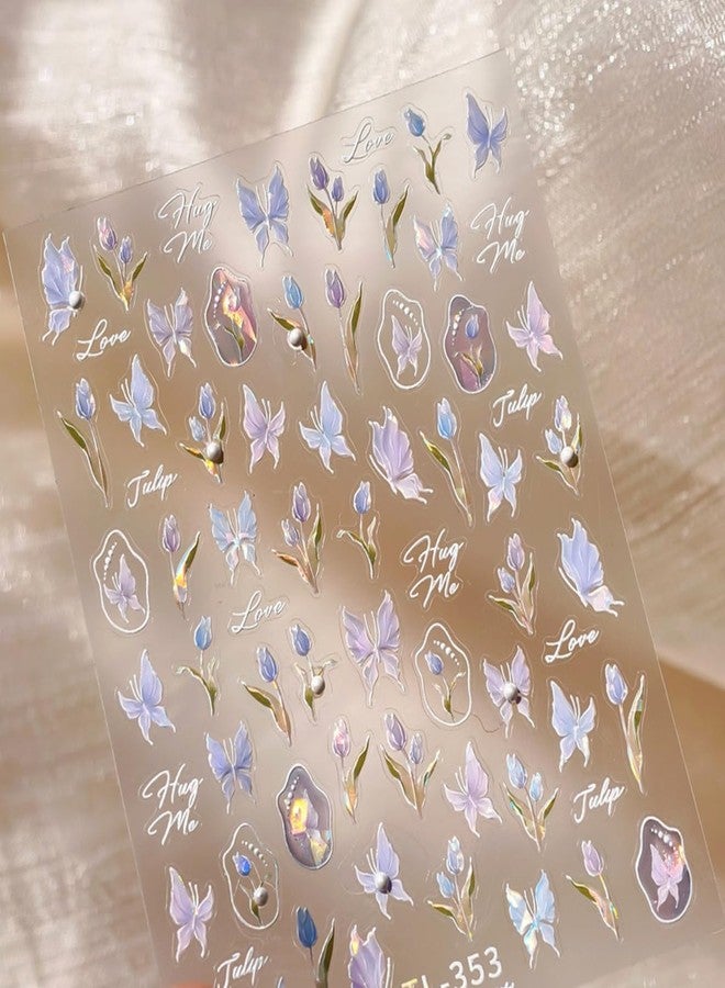 TOGZOM Spring Nail Art Stickers 5D Embossed Flowers Butterfly Nail Decals Laser Aurora Nail Stickers for Nail Art Pink Floral Nail Design Decoration Accessories for Women and Girls 2 Sheets - Image 5