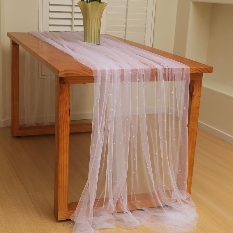 Azonee 10ft White Pearl Table Runner, Tulle Lace Fabric Wedding Tablecloth, Perfect for Bridal Shower, Birthday Party, Wedding Arch, Dessert Table Decorations(29.5x120 Inches) - Image 4