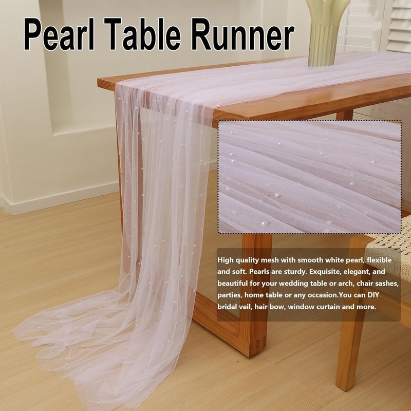 Azonee 10ft White Pearl Table Runner, Tulle Lace Fabric Wedding Tablecloth, Perfect for Bridal Shower, Birthday Party, Wedding Arch, Dessert Table Decorations(29.5x120 Inches) - Image 3