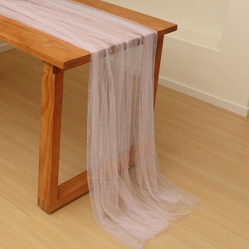 Azonee 10ft White Pearl Table Runner, Tulle Lace Fabric Wedding Tablecloth, Perfect for Bridal Shower, Birthday Party, Wedding Arch, Dessert Table Decorations(29.5x120 Inches) - Image 1