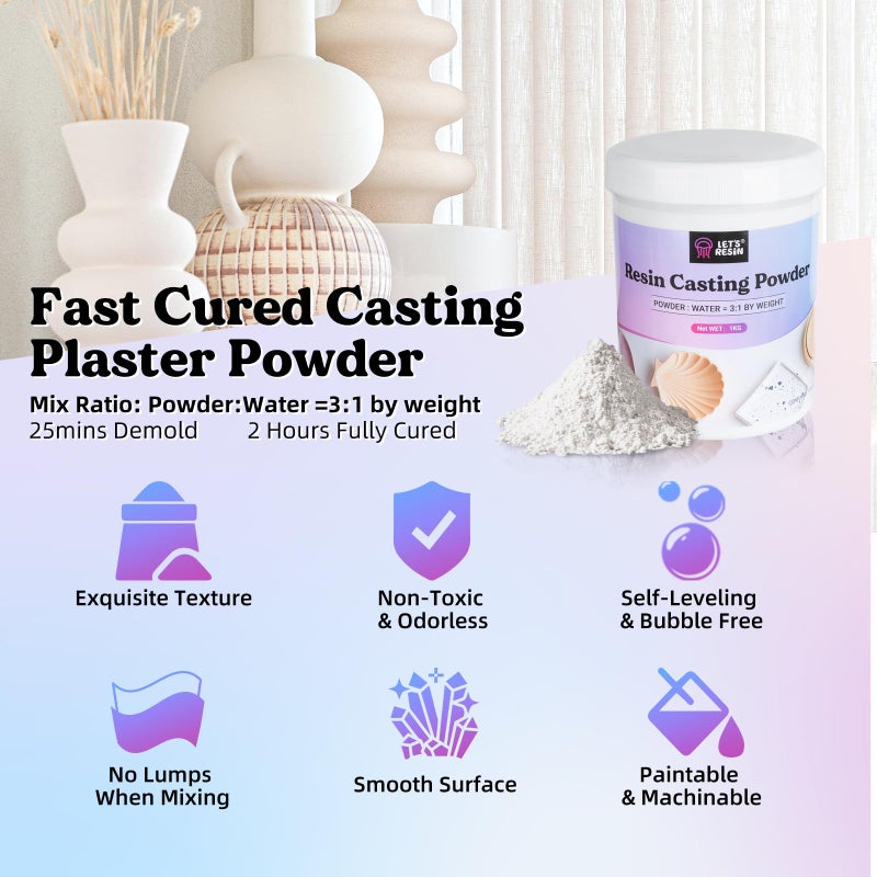 LET'S RESIN Resin Casting Powders Starter Kit, 1000g Fast Cured Odorless Casting Powder, 20~30 Minutes De-Mold, Water Activated Plaster Powder Casting Kit for DIY, Easy Mixing & Self Leveling - Image 2