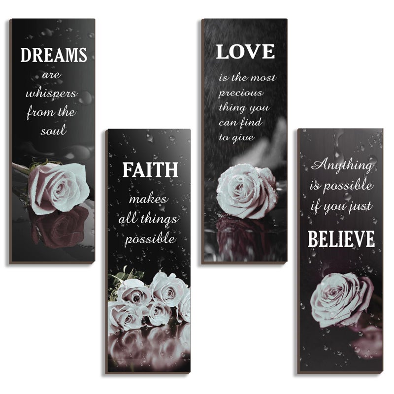 DONFENTHY 4 Pcs Black And White Bathroom Decor Grey White Rose Wooden Wall Decor Inspirational Farmhouse Signs Black White Decor For Women Office Bedroom Home Living Room Gift(White 12x4Inch) - Image 1
