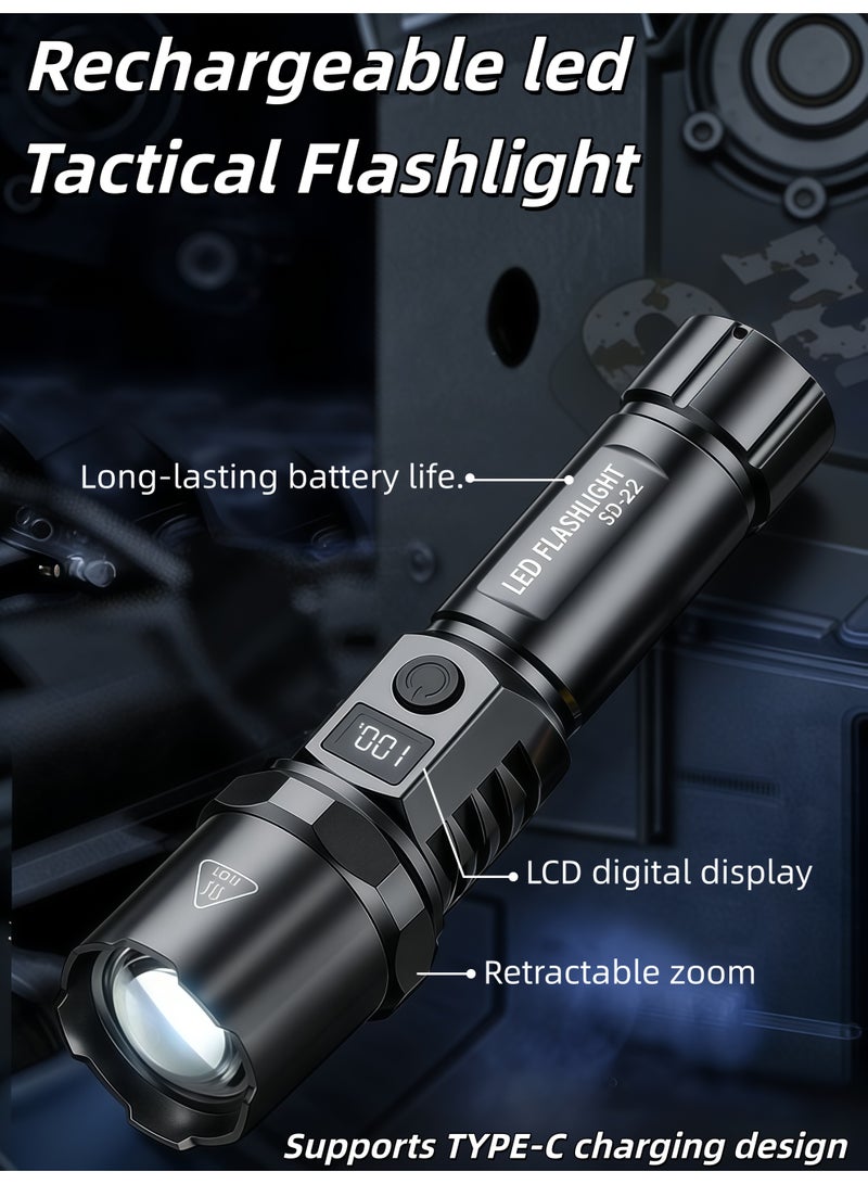 Rechargeable led Tactical Flashlight,Super Bright Zoomable Flashlight,Flashlight for Camping,5W power, 800 mAh battery capacity,maximum range of 100-200 meters(Black) - Image 1