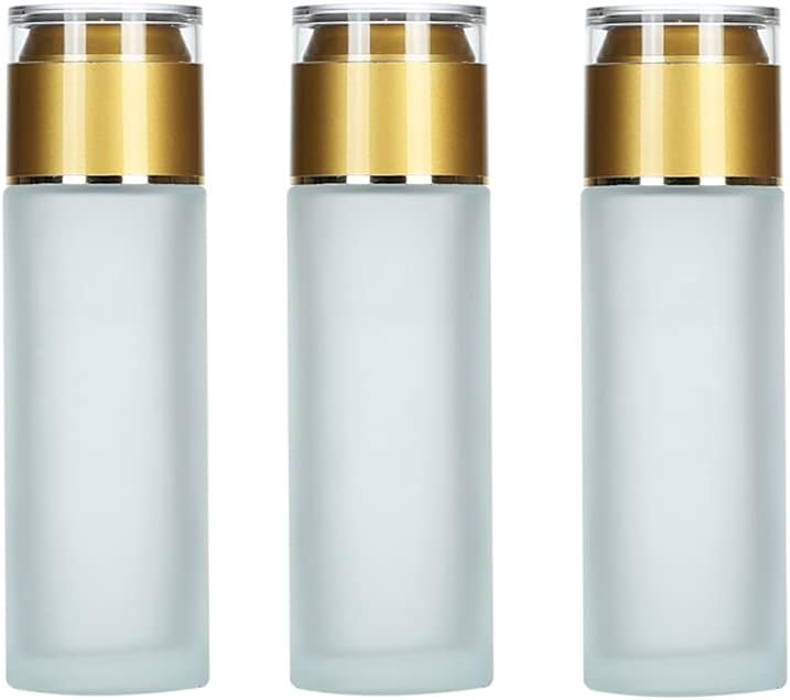 QUUPY 3PCS 80ml/2.6oz Frosted Glass Lotion Bottle With Gold Acrylic Lid Cover Travel Cosmetics Sample Storage Containers Jars For Essence Cream Serums Oil Moisturizers